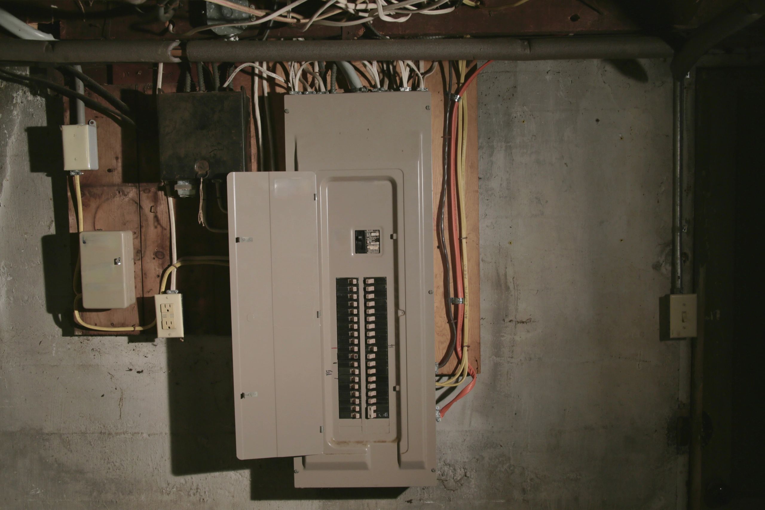 Residential breaker box in a basement